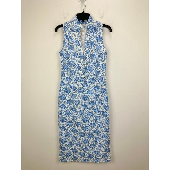 Sail To Sable Linen Blend Midi Dress Rose Floral Blue Resort Cottage XXS NWT - Picture 8 of 16